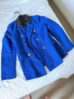 Ara Electric Blue Double-Breasted Tweed Blazer with Black Collar S never used